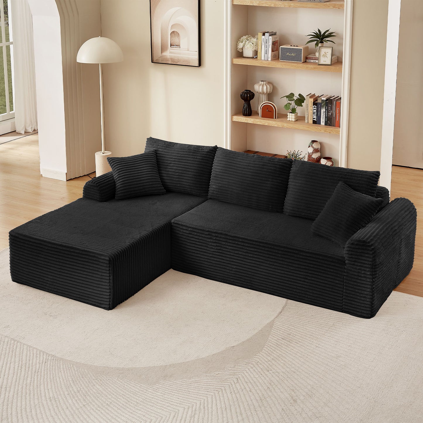 Modular Corduroy Sectional With Arched Armrests, Includes 3 Back Cushions & 2 Throw Pillows