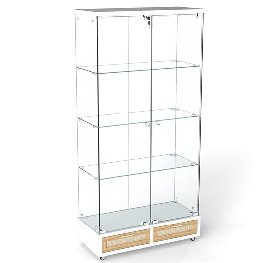 Glass Display Cabinet With LED Lights, Tempered Glass Doors, Large Drawers, 2 Door Storage Case With 4 Shelves - Natural / White