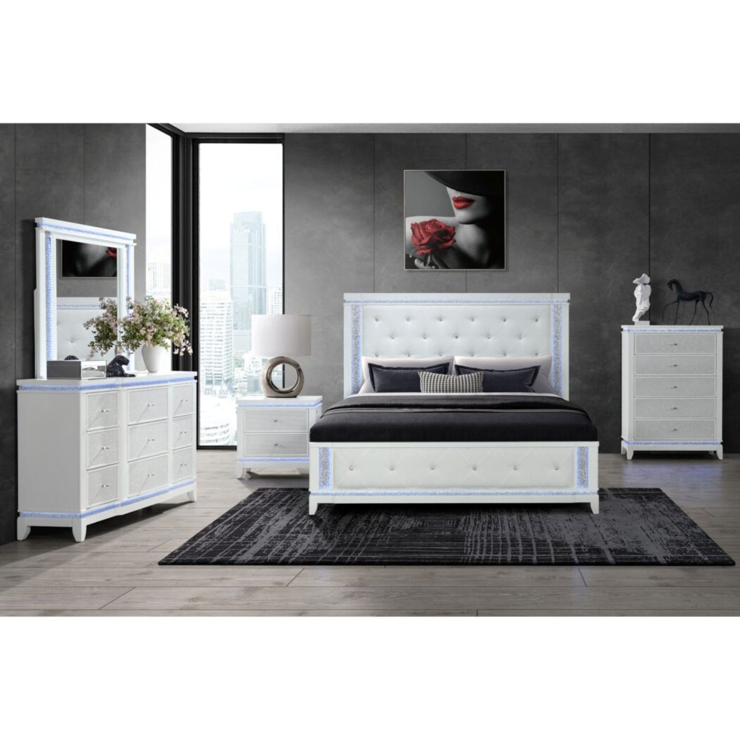 Adalid - Nightstand With Glittered Drawer Front And LED Lighting - White