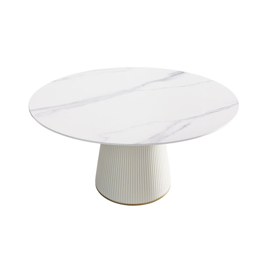 Modern Artificial Stone Round Plywood Base Dining Table, Can Accommodate 8 People, (Not Including Chairs) - White / Beige