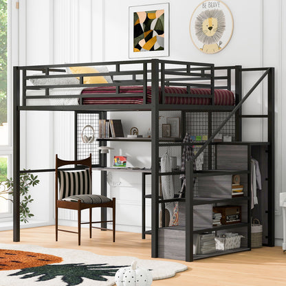 Full Size Metal Loft Bed With Wardrobe, Desk, Storage Shelves - Black