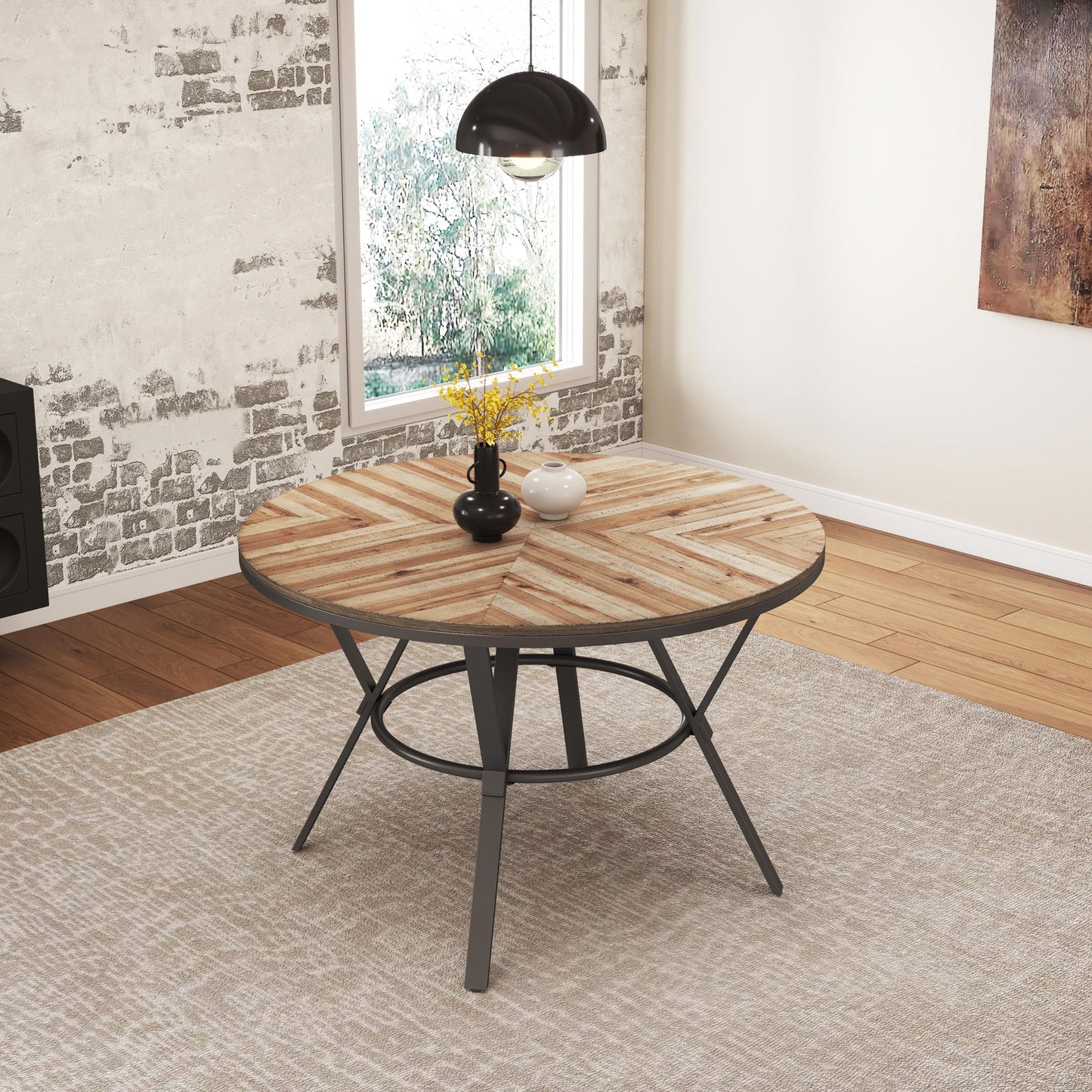Modern Style Indoor Dining Round Table With Metal Legs - Light Birch