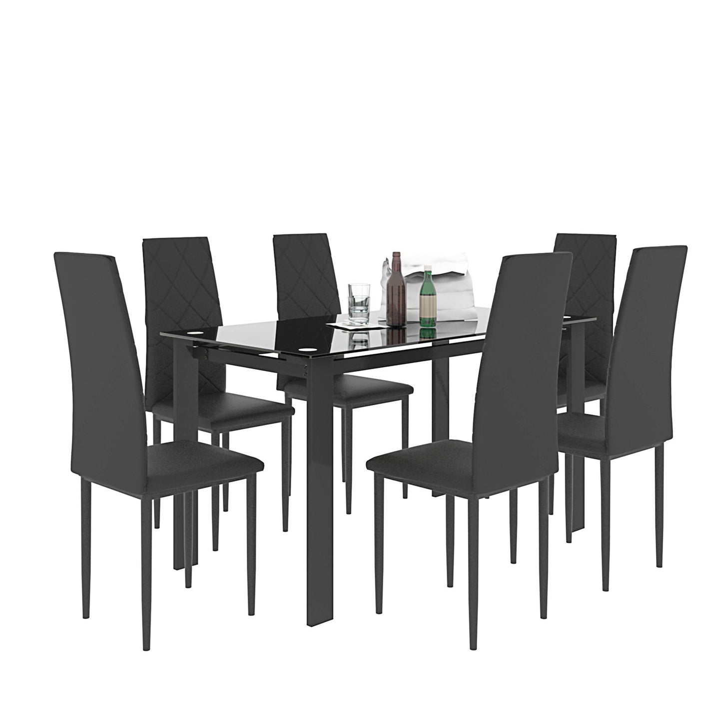 Modern 7 Piece Dining Table Set With Glass Top And Chairs - Black
