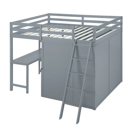 Full Size Loft Bed With Wardrobe And Desk And Shelves - Gray