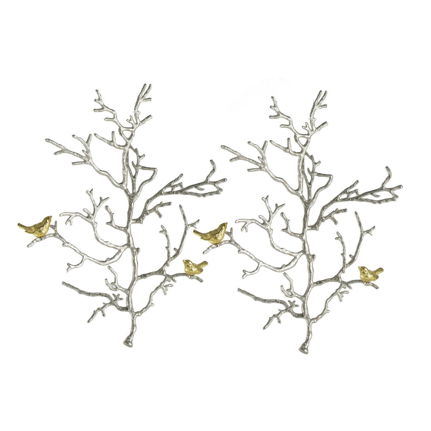 Metal Branch Wall Sculptures With Bird Accents (Set of 2) - Silver Multi