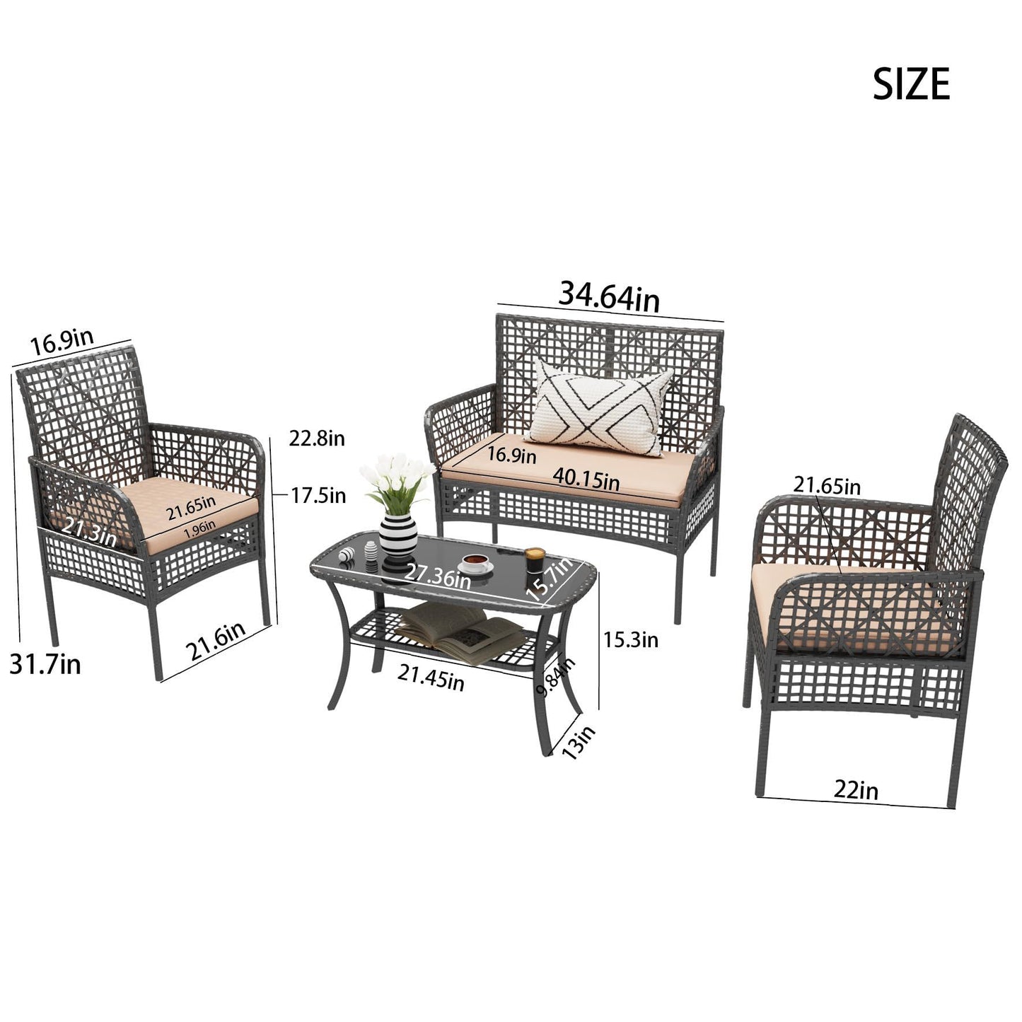4 Pieces Rattan Wicker Chairs With Tempered Glass Table And Cushions