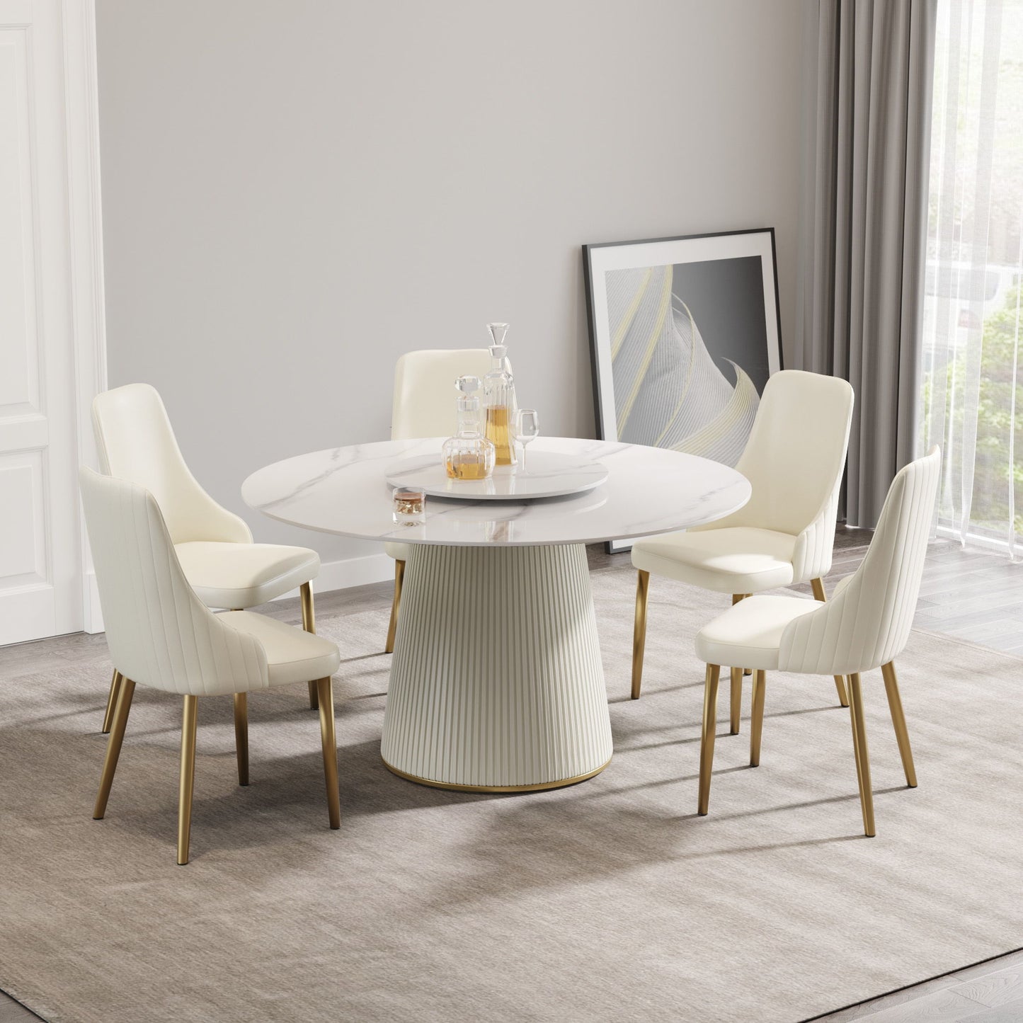 Modern Artificial Stone Round Plywood Base Dining Table, Can Accommodate 6 People, Artificial Stone Turntable (Not Including Chairs) - White / Beige