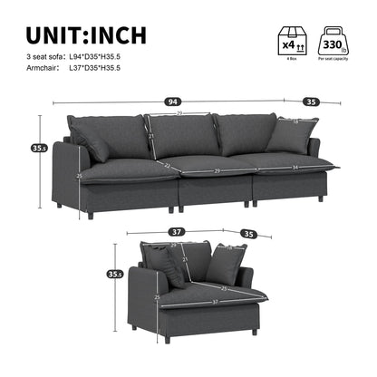 Living Room Set Modular Sectional Couch, Upholstered Sofa & Armchair & Movable Ottoman