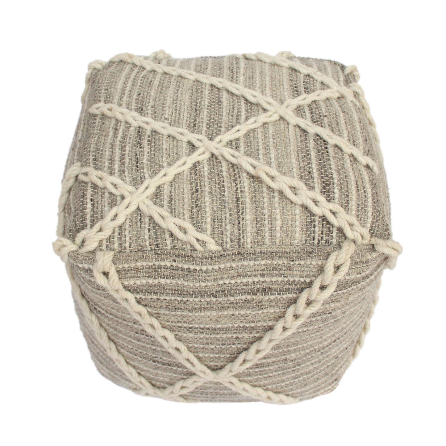 Modern Wool Rope Square Pouf Ottoman Floor Cushion - Gray / Ivory